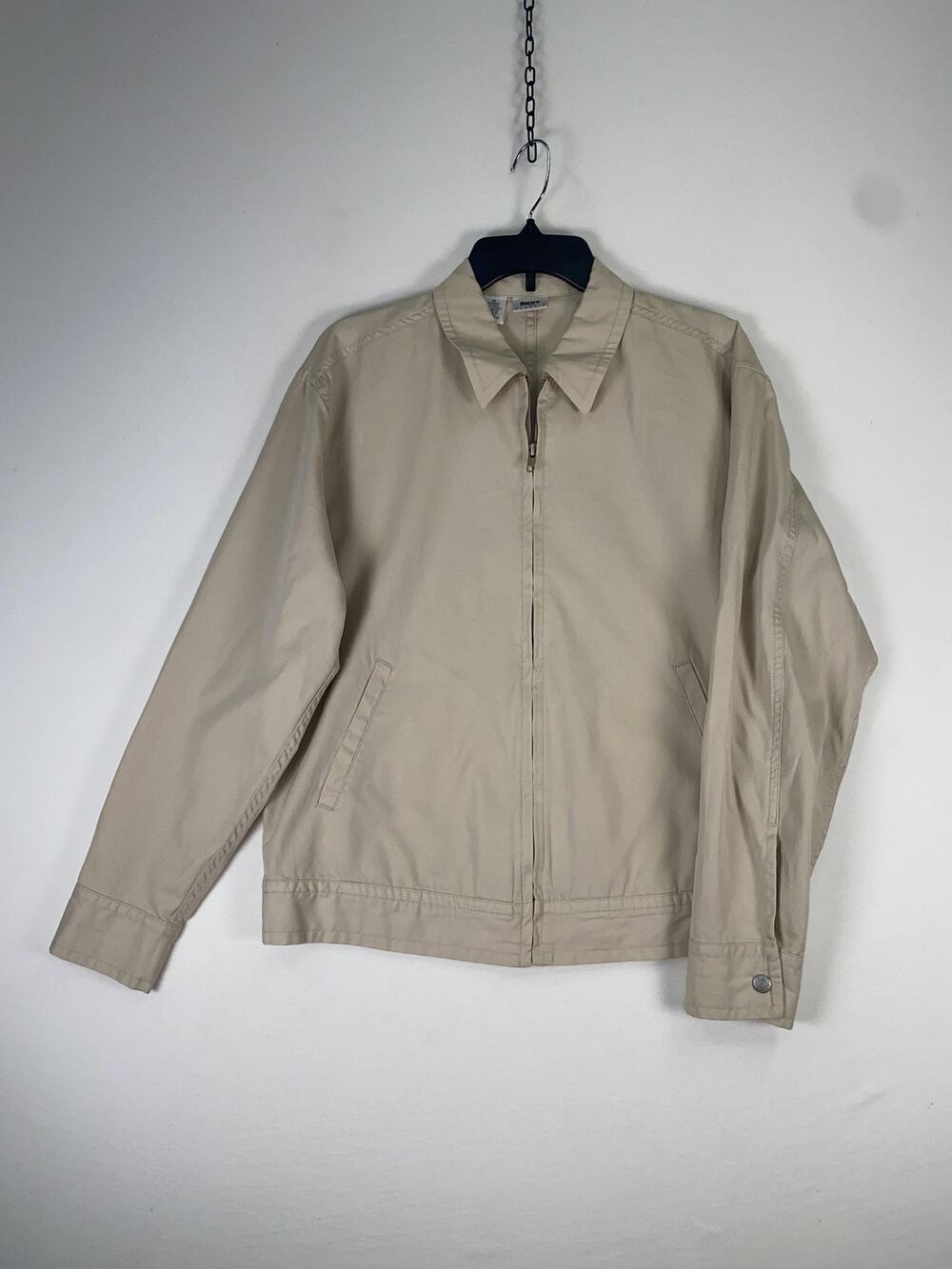 DKNY Classic Jacket Mens Medium Beige Cotton Bomber Full Zip Casual Spring